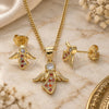 Oro Laminado Earring and Pendant Adult Set, Gold Filled Style Angel Design, with Garnet Micro Pave and White Cubic Zirconia, Polished, Golden Finish, 10.156.0203.1