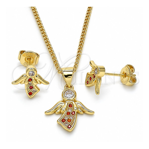 Oro Laminado Earring and Pendant Adult Set, Gold Filled Style Angel Design, with Garnet Micro Pave and White Cubic Zirconia, Polished, Golden Finish, 10.156.0203.1