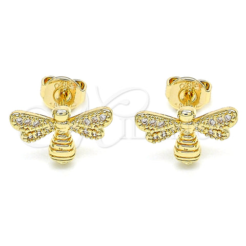 Oro Laminado Stud Earring, Gold Filled Style Bee Design, with White Micro Pave, Polished, Golden Finish, 02.156.0435