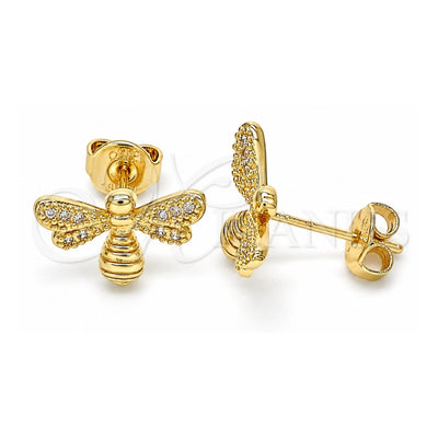 Oro Laminado Stud Earring, Gold Filled Style Bee Design, with White Micro Pave, Polished, Golden Finish, 02.156.0435