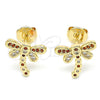 Oro Laminado Stud Earring, Gold Filled Style Dragon-Fly Design, with Garnet and White Micro Pave, Polished, Golden Finish, 02.156.0396.5