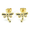Oro Laminado Stud Earring, Gold Filled Style Dragon-Fly Design, with Black and White Micro Pave, Polished, Golden Finish, 02.156.0396.7