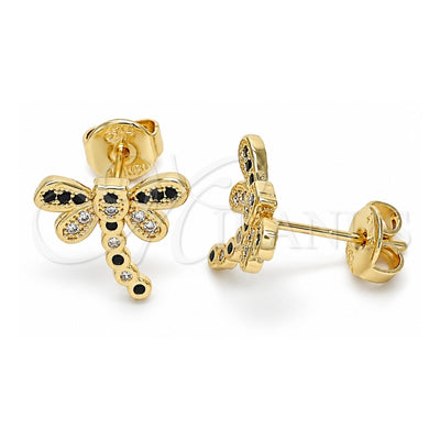 Oro Laminado Stud Earring, Gold Filled Style Dragon-Fly Design, with Black and White Micro Pave, Polished, Golden Finish, 02.156.0396.7