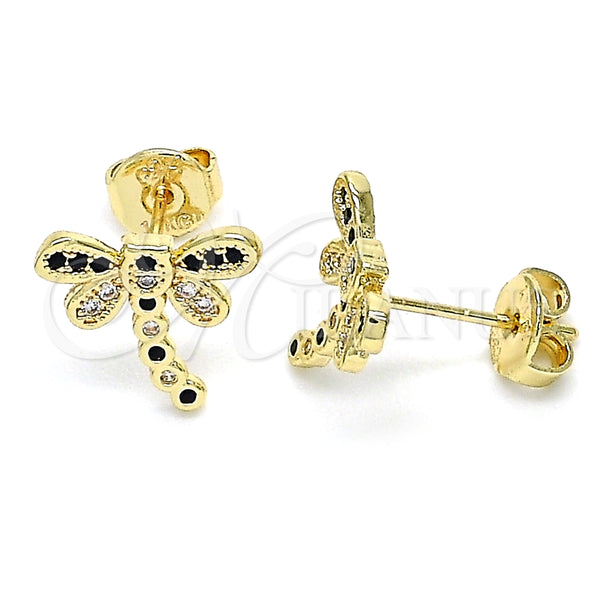 Oro Laminado Stud Earring, Gold Filled Style Dragon-Fly Design, with Black and White Micro Pave, Polished, Golden Finish, 02.156.0396.7