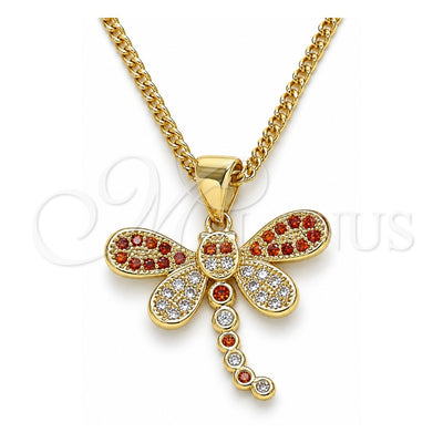Oro Laminado Pendant Necklace, Gold Filled Style Dragon-Fly Design, with Garnet and White Micro Pave, Polished, Golden Finish, 04.156.0297.1.20 (02 MM Thickness, 20 Inches Length)