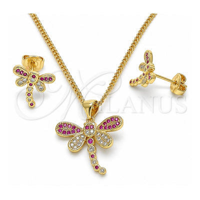 Oro Laminado Earring and Pendant Adult Set, Gold Filled Style Dragon-Fly Design, with Ruby and White Micro Pave, Polished, Golden Finish, 10.156.0148.3