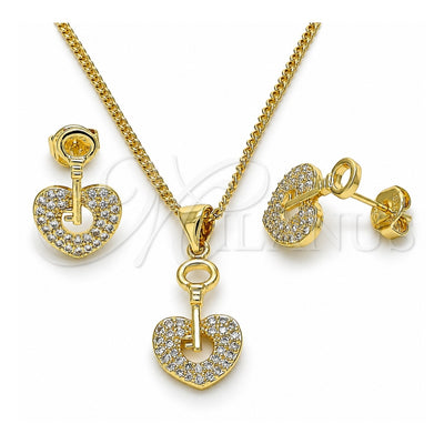 Oro Laminado Earring and Pendant Adult Set, Gold Filled Style key and Lock Design, with White Micro Pave, Polished, Golden Finish, 10.156.0243