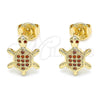 Oro Laminado Stud Earring, Gold Filled Style Turtle Design, with Garnet Micro Pave, Polished, Golden Finish, 02.156.0436
