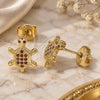 Oro Laminado Stud Earring, Gold Filled Style Turtle Design, with Garnet Micro Pave, Polished, Golden Finish, 02.156.0436