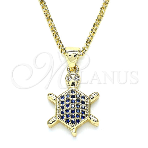 Oro Laminado Pendant Necklace, Gold Filled Style Turtle Design, with Sapphire Blue and White Micro Pave, Polished, Golden Finish, 04.156.0298.1.20 (02 MM Thickness, 20 Inches Length)