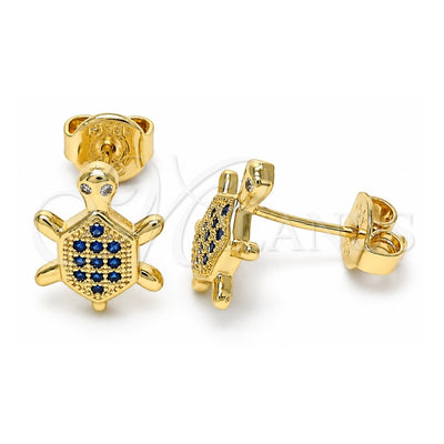 Oro Laminado Stud Earring, Gold Filled Style Turtle Design, with Sapphire Blue and White Micro Pave, Polished, Golden Finish, 02.156.0436.1