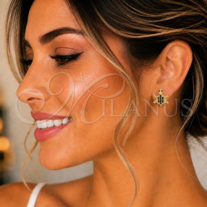 Oro Laminado Stud Earring, Gold Filled Style Turtle Design, with Black and Garnet Micro Pave, Polished, Golden Finish, 02.156.0436.2