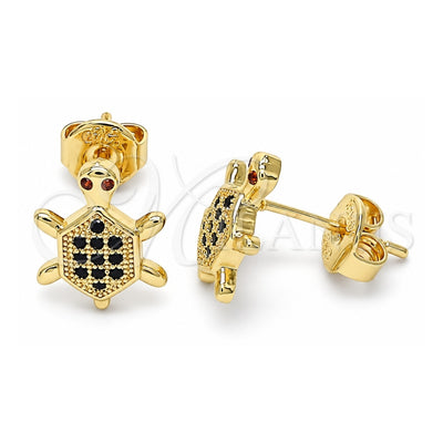 Oro Laminado Stud Earring, Gold Filled Style Turtle Design, with Black and Garnet Micro Pave, Polished, Golden Finish, 02.156.0436.2