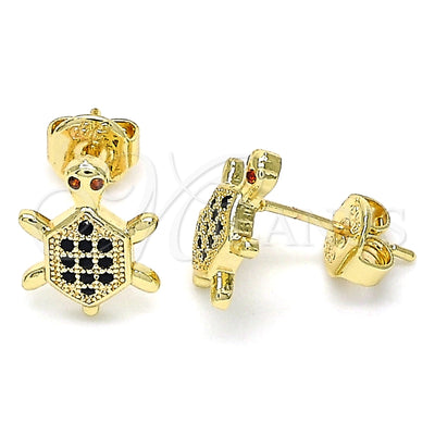 Oro Laminado Stud Earring, Gold Filled Style Turtle Design, with Black and Garnet Micro Pave, Polished, Golden for wholesale, main product view