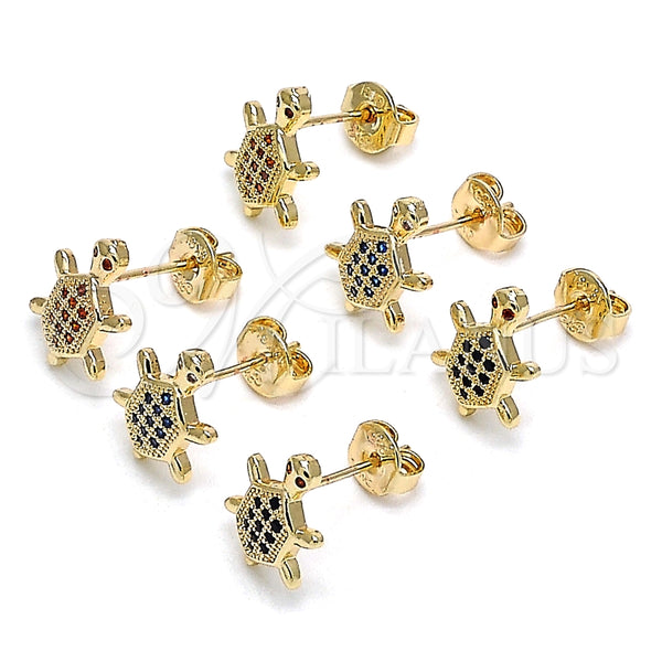 Oro Laminado Stud Earring, Gold Filled Style Turtle Design, with Black and Garnet Micro Pave, Polished, Golden Finish, 02.156.0436.2