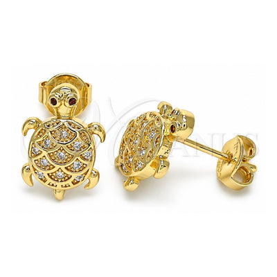 Oro Laminado Stud Earring, Gold Filled Style Turtle Design, with White and Garnet Micro Pave, Polished, Golden Finish, 02.156.0437