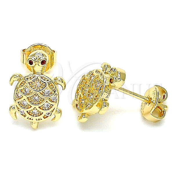 Oro Laminado Stud Earring, Gold Filled Style Turtle Design, with White and Garnet Micro Pave, Polished, Golden Finish, 02.156.0437