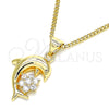 Oro Laminado Pendant Necklace, Gold Filled Style Dolphin and Flower Design, with White Micro Pave, Polished, Golden Finish, 04.156.0300.18 (02 MM Thickness, 18 Inches Length)