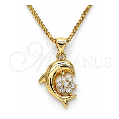 Oro Laminado Pendant Necklace, Gold Filled Style Dolphin and Flower Design, with White Micro Pave, Polished, Golden Finish, 04.156.0300.18 (02 MM Thickness, 18 Inches Length)