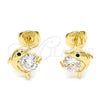 Oro Laminado Stud Earring, Gold Filled Style Dolphin Design, with Black Micro Pave and White Cubic Zirconia, Polished, Golden Finish, 02.156.0438
