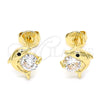 Oro Laminado Stud Earring, Gold Filled Style Dolphin Design, with Black Micro Pave and White Cubic Zirconia, Polished, Golden Finish, 02.156.0438