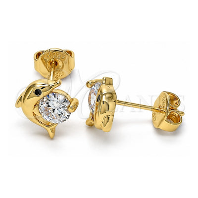 Oro Laminado Stud Earring, Gold Filled Style Dolphin Design, with Black Micro Pave and White Cubic Zirconia, Polished, Golden Finish, 02.156.0438