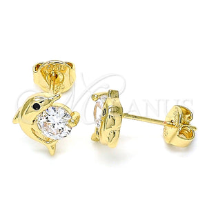 Oro Laminado Stud Earring, Gold Filled Style Dolphin Design, with Black Micro Pave and White Cubic Zirconia, Polished, Golden Finish, 02.156.0438