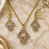 Oro Laminado Earring and Pendant Adult Set, Gold Filled Style Judaica and Hand of God Design, with Multicolor Micro Pave, Polished, Golden Finish, 10.316.0061