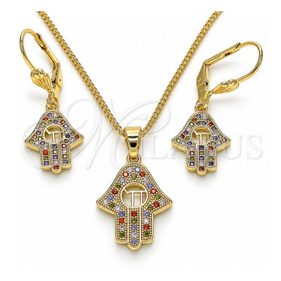 Oro Laminado Earring and Pendant Adult Set, Gold Filled Style Judaica and Hand of God Design, with Multicolor Micro Pave, Polished, Golden Finish, 10.316.0061