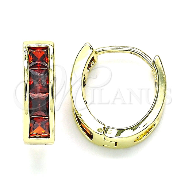 Gold Filled Hoop Earrings — Huggie Hoop with Garnet Micro Pave Polished 02. — main product view — SKU 134303 | Oro Laminado aretes de aro — Huggie Hoop with Garnet Micro Pave pulido 02. — SKU 134303