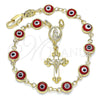 Oro Laminado Bracelet Rosary, Gold Filled Style Guadalupe and Evil Eye Design, Red Resin Finish, Golden Finish, 09.63.0107.2.08