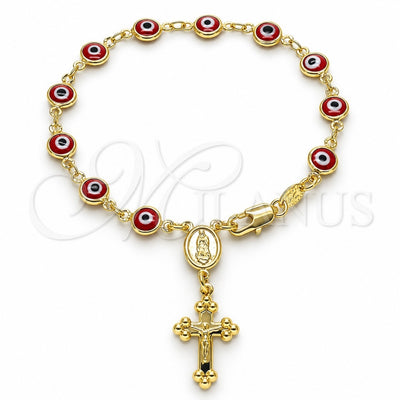 Oro Laminado Bracelet Rosary, Gold Filled Style Guadalupe and Evil Eye Design, Red Resin Finish, Golden Finish, 09.63.0107.2.08