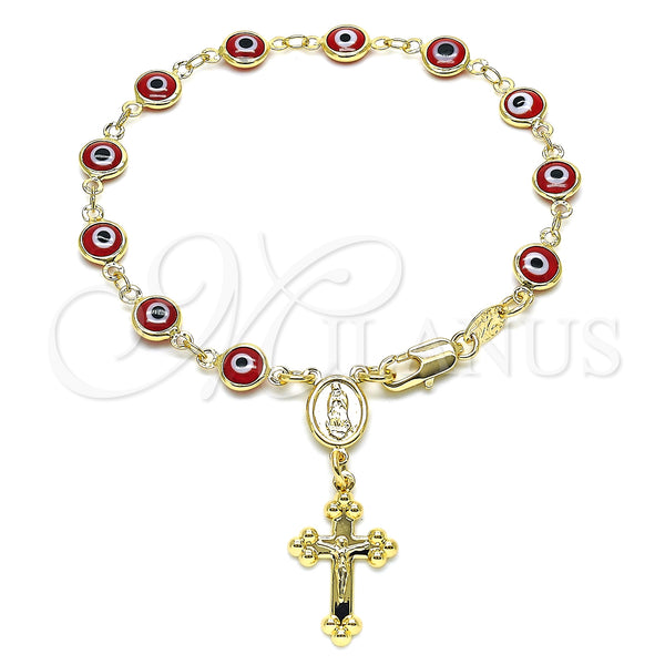 Oro Laminado Bracelet Rosary, Gold Filled Style Guadalupe and Evil Eye Design, Red Resin Finish, Golden Finish, 09.63.0107.2.08