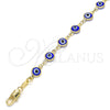 Oro Laminado Bracelet Rosary, Gold Filled Style Guadalupe and Evil Eye Design, Blue Resin Finish, Golden Finish, 09.63.0107.3.08
