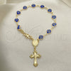 Oro Laminado Bracelet Rosary, Gold Filled Style Guadalupe and Evil Eye Design, Blue Resin Finish, Golden Finish, 09.63.0107.3.08