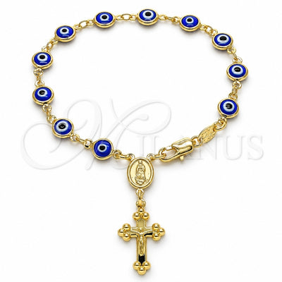 Oro Laminado Bracelet Rosary, Gold Filled Style Guadalupe and Evil Eye Design, Blue Resin Finish, Golden Finish, 09.63.0107.3.08