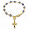Oro Laminado Bracelet Rosary, Gold Filled Style Guadalupe and Evil Eye Design, Blue Resin Finish, Golden Finish, 09.63.0107.3.08