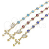 Oro Laminado Bracelet Rosary, Gold Filled Style Guadalupe and Evil Eye Design, Blue Resin Finish, Golden Finish, 09.63.0107.3.08
