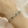 Oro Laminado Bracelet Rosary, Gold Filled Style Guadalupe and Evil Eye Design, Azul claro Resin Finish, Golden Finish, 09.63.0107.4.08