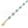 Oro Laminado Bracelet Rosary, Gold Filled Style Guadalupe and Evil Eye Design, Azul claro Resin Finish, Golden Finish, 09.63.0107.4.08