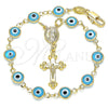 Oro Laminado Bracelet Rosary, Gold Filled Style Guadalupe and Evil Eye Design, Azul claro Resin Finish, Golden Finish, 09.63.0107.4.08
