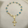 Oro Laminado Bracelet Rosary, Gold Filled Style Guadalupe and Evil Eye Design, Azul claro Resin Finish, Golden Finish, 09.63.0107.4.08