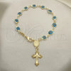 Oro Laminado Bracelet Rosary, Gold Filled Style Guadalupe and Evil Eye Design, Azul claro Resin Finish, Golden Finish, 09.63.0107.4.08