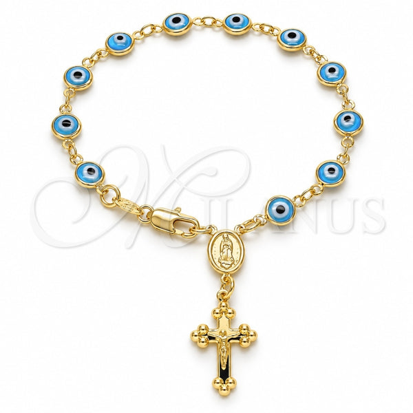 Oro Laminado Bracelet Rosary, Gold Filled Style Guadalupe and Evil Eye Design, Azul claro Resin Finish, Golden Finish, 09.63.0107.4.08