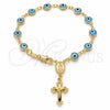Oro Laminado Bracelet Rosary, Gold Filled Style Guadalupe and Evil Eye Design, Azul claro Resin Finish, Golden Finish, 09.63.0107.4.08