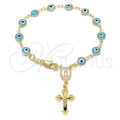 Oro Laminado Bracelet Rosary, Gold Filled Style Guadalupe and Evil Eye Design, Azul claro Resin Finish, Golden Finish, 09.63.0107.4.08