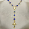 Oro Laminado Medium Rosary, Gold Filled Style Guadalupe and Evil Eye Design, Blue Resin Finish, Golden Finish, 09.63.0107.3.18