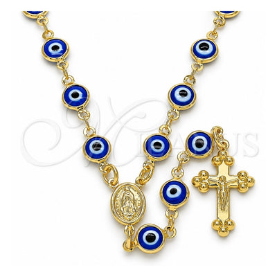 Oro Laminado Medium Rosary, Gold Filled Style Guadalupe and Evil Eye Design, Blue Resin Finish, Golden Finish, 09.63.0107.3.18