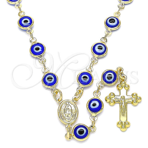 Oro Laminado Medium Rosary, Gold Filled Style Guadalupe and Evil Eye Design, Blue Resin Finish, Golden Finish, 09.63.0107.3.18