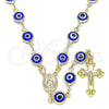 Oro Laminado Medium Rosary, Gold Filled Style Guadalupe and Evil Eye Design, Blue Resin Finish, Golden Finish, 09.63.0107.3.18